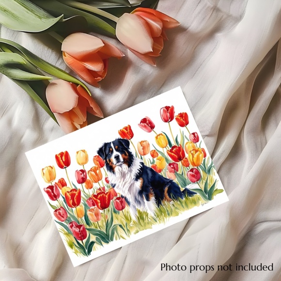 Bernese Moutain Dog in a Field of Tulips, Spring Collection Blank Note Card Set - Picture 2 of 12